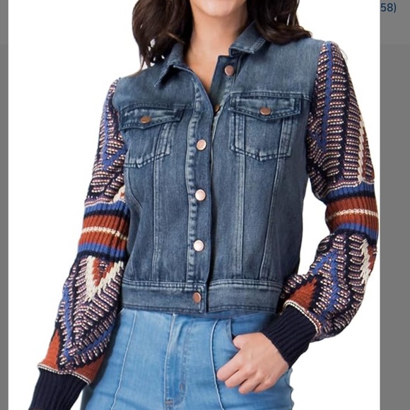 Flying Tomato Jackets & Blazers - Flying Tomato Boho Women's Denim Jacket with Multicolor Knit Sweater Sleeves L